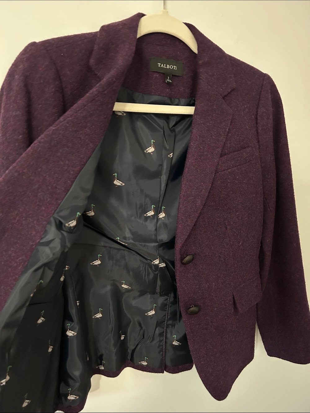 Talbots Wool-Blend Blazer with Novelty Duck Print Lining Women's Size 2 Purple